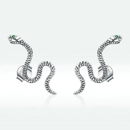 Snake Silver Stud Earrings Green Ghost Crystal-Jewearrings