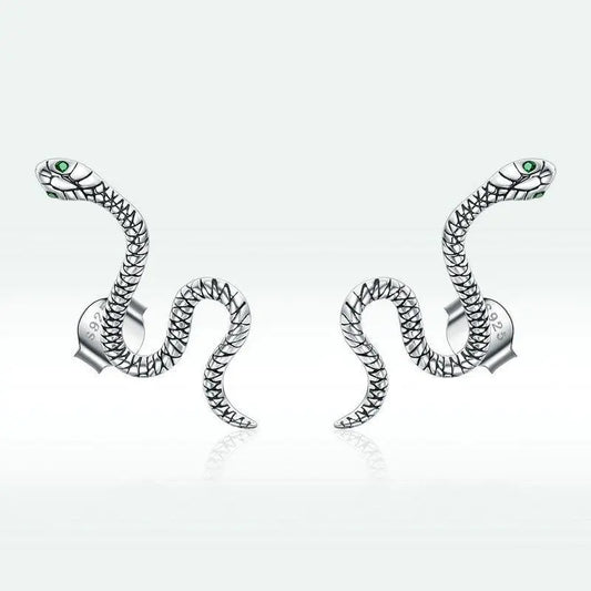 Snake Silver Stud Earrings Green Ghost Crystal-Jewearrings