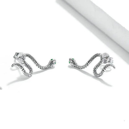 Snake Silver Stud Earrings Green Ghost Crystal-Jewearrings