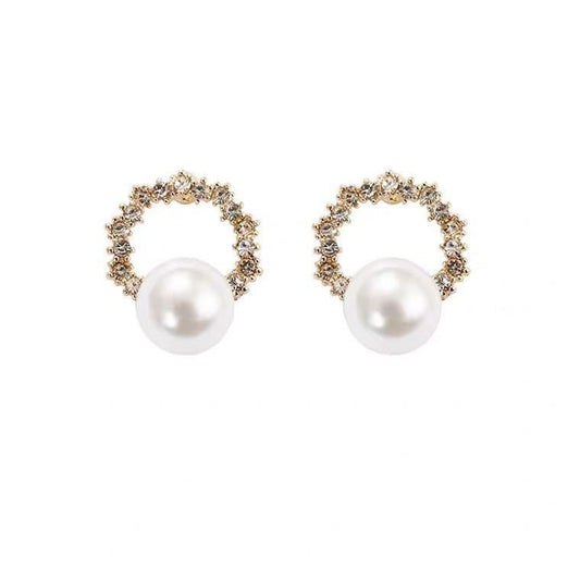 South Korea's Dongdaemun Ring Diamond and Pearl Stud Earrings-Jewearrings