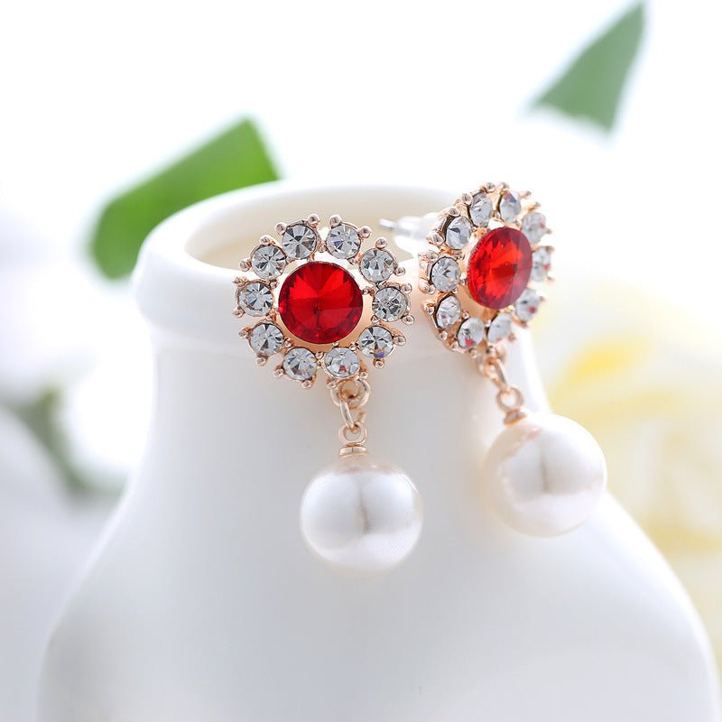 Sparkling Crystal Diamond Pearl Stud Earrings-Jewearrings