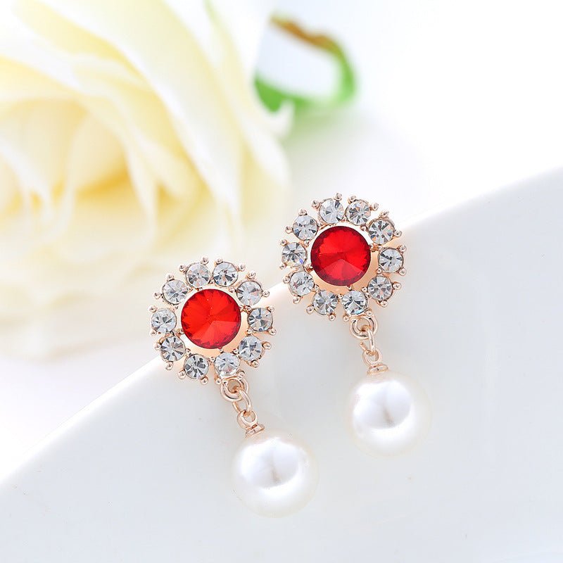 Sparkling Crystal Diamond Pearl Stud Earrings-Jewearrings