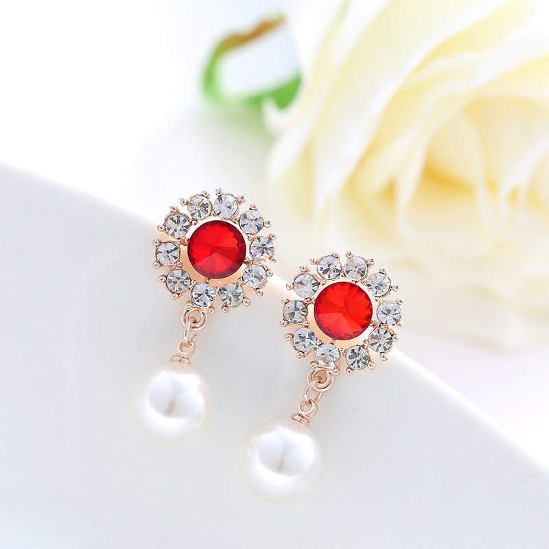 Sparkling Crystal Diamond Pearl Stud Earrings-Jewearrings