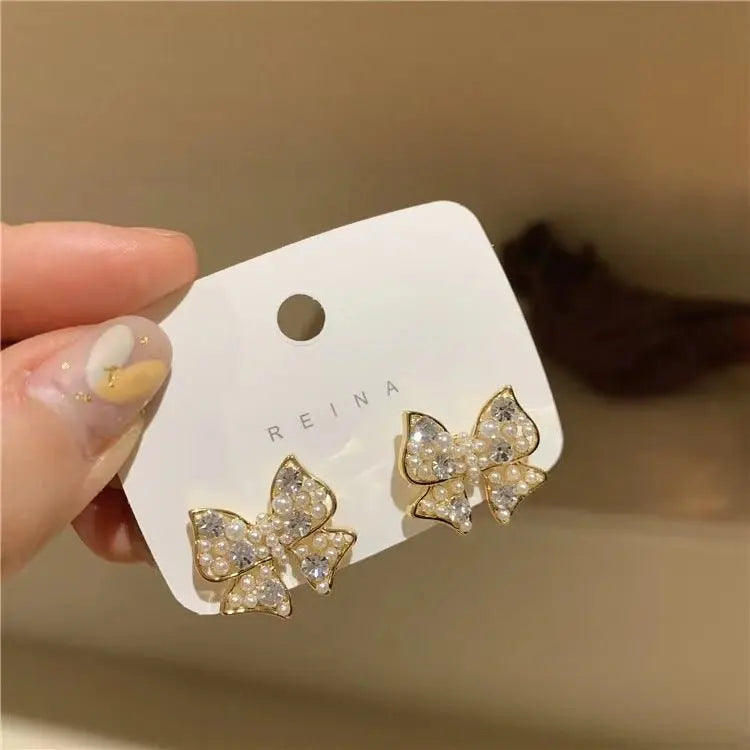 Sparkling Diamond & Pearl Bow Earrings-Jewearrings