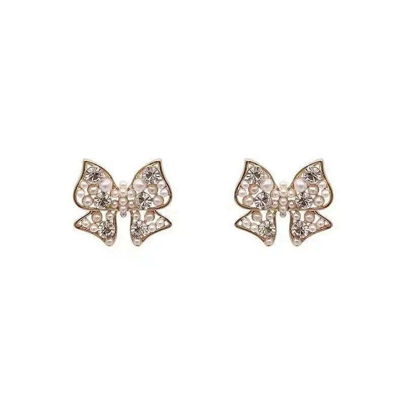 Sparkling Diamond & Pearl Bow Earrings-Jewearrings