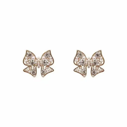 Sparkling Diamond & Pearl Bow Earrings-Jewearrings