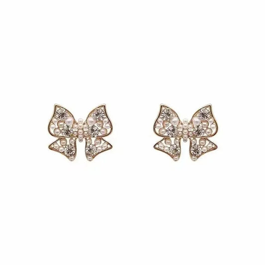 Sparkling Diamond & Pearl Bow Earrings-Jewearrings