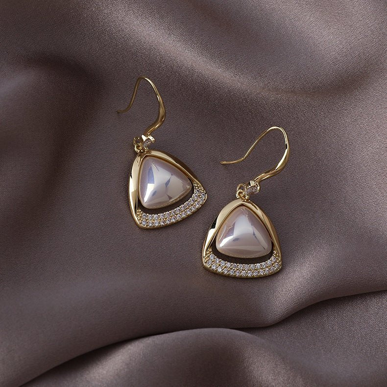 Sparkling Diamond Triangle Pearl Earrings-Jewearrings