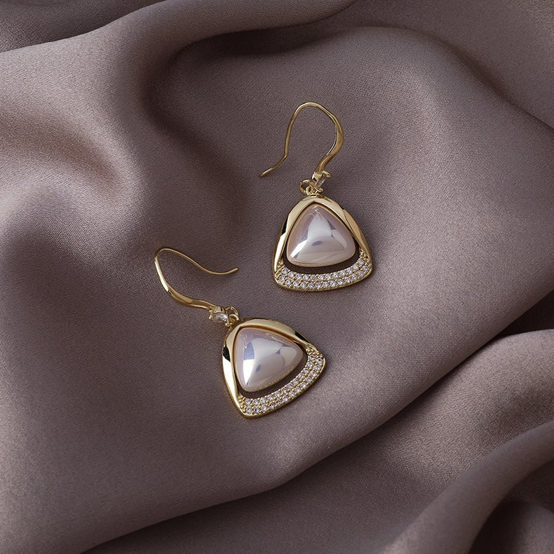 Sparkling Diamond Triangle Pearl Earrings-Jewearrings