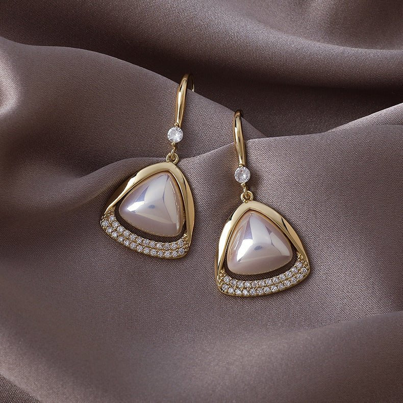 Sparkling Diamond Triangle Pearl Earrings-Jewearrings