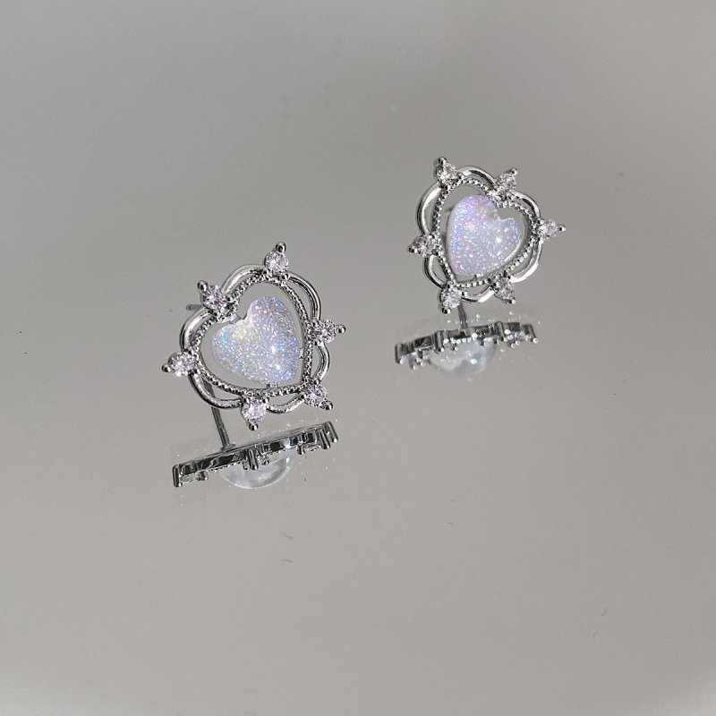 Sparkling Opal Heart Shape With Diamond Stud Earrings-Jewearrings