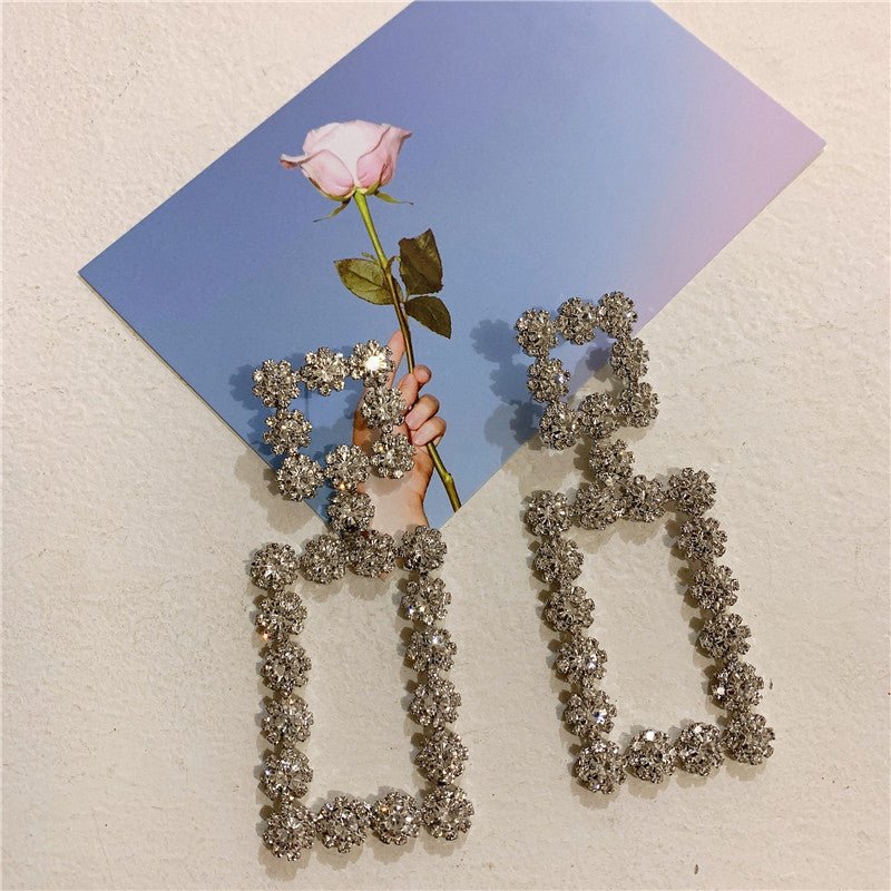 Square Hollow Full Rhinestone Big Earrings-Jewearrings