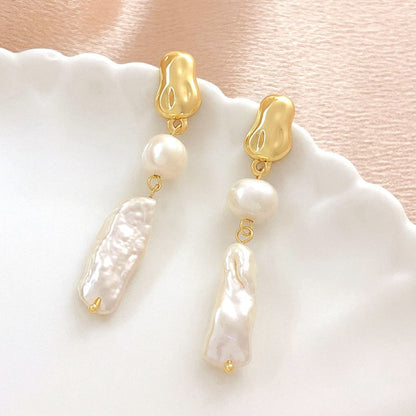 Square Natural Baroque Pearl Earrings-Jewearrings