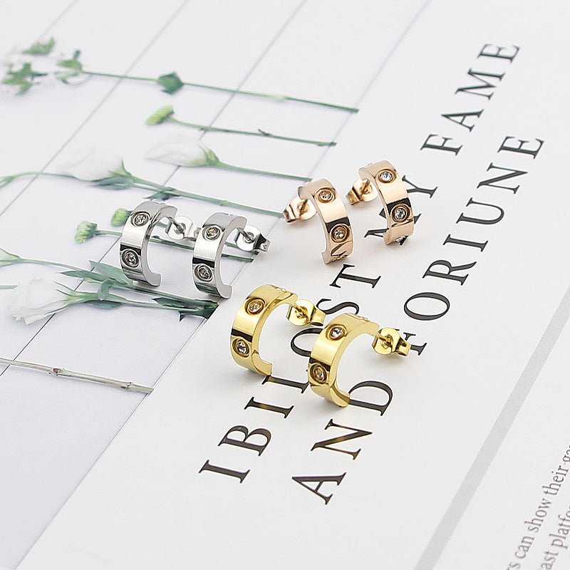 Stainless Steel C-shaped 4 Diamond Electroplated Golden Rose Gold Woman Earrings-Jewearrings