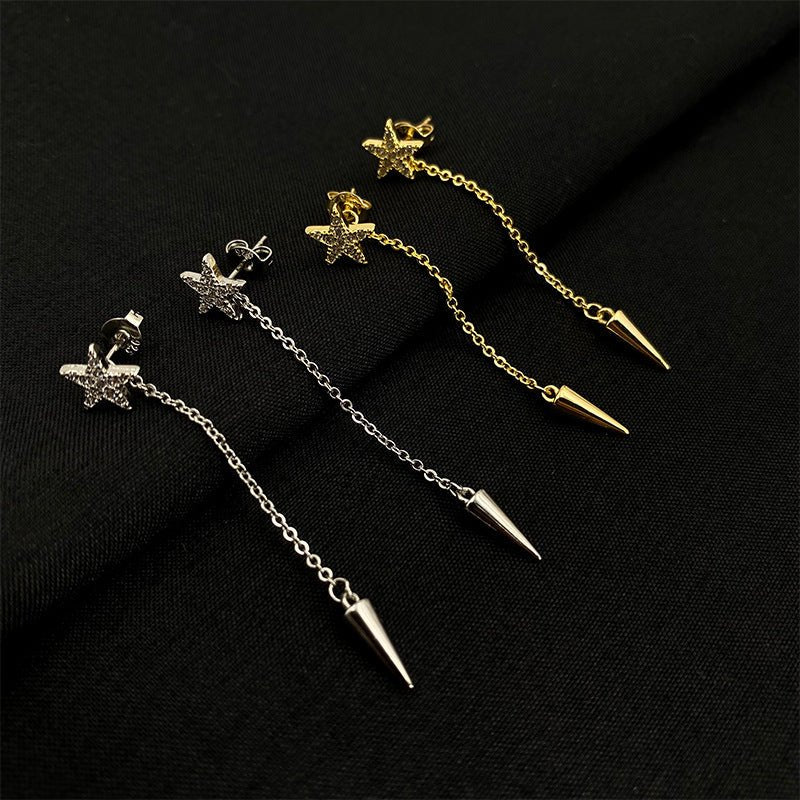 Star Long Fringe Chain Cone Silver Stud Earrings-Jewearrings