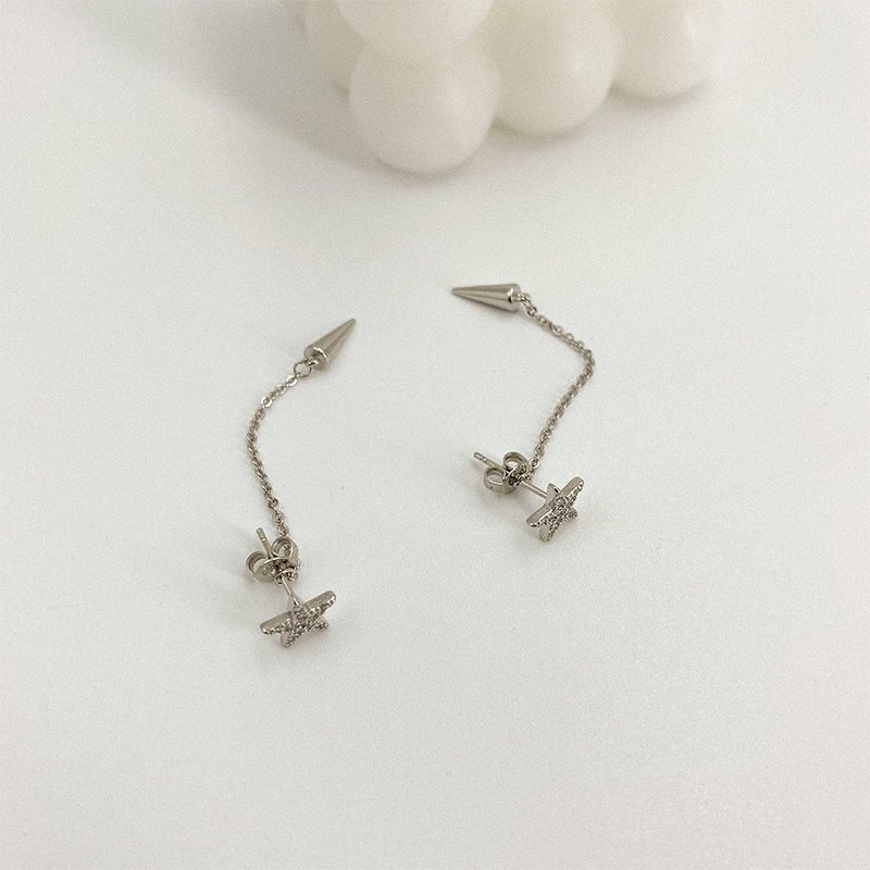 Star Long Fringe Chain Cone Silver Stud Earrings-Jewearrings