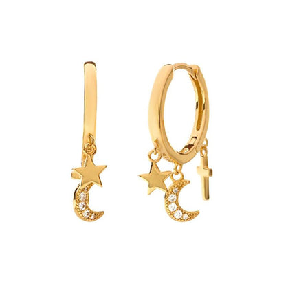 Star Moon Cross Geometric Earrings Diamond Earrings-Jewearrings