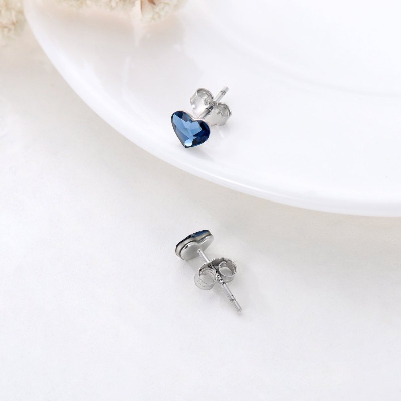 Sterling Silver Blue Crystal Tiny Small Heart Studs Earrings for Sensitive Ears-Jewearrings