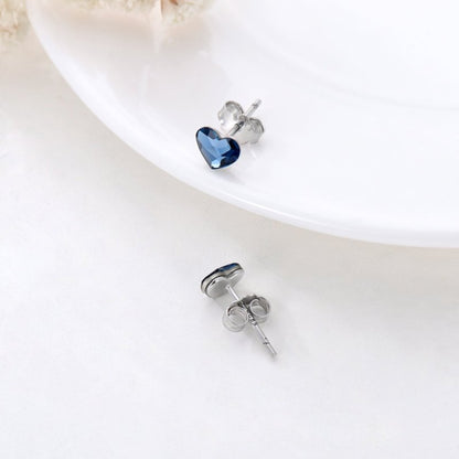 Sterling Silver Blue Crystal Tiny Small Heart Studs Earrings for Sensitive Ears-Jewearrings