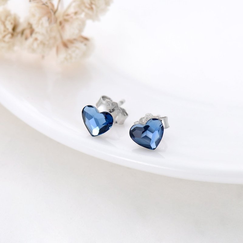 Sterling Silver Blue Crystal Tiny Small Heart Studs Earrings for Sensitive Ears-Jewearrings