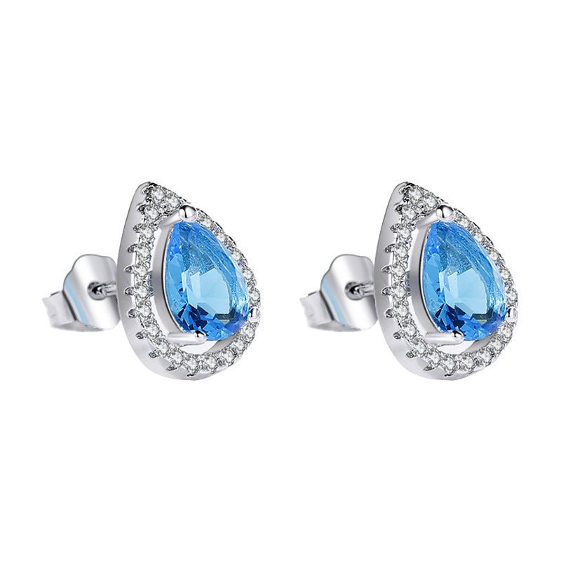 Sterling Silver Earpin Imitation Water Drop Color Diamond Group Set Earrings-Jewearrings