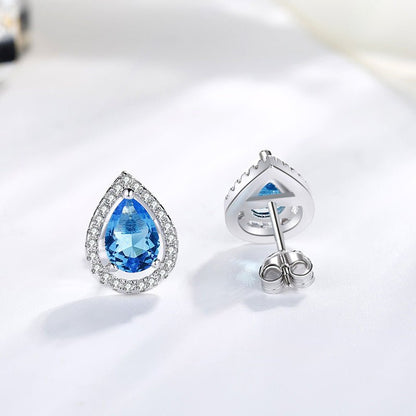 Sterling Silver Earpin Imitation Water Drop Color Diamond Group Set Earrings-Jewearrings