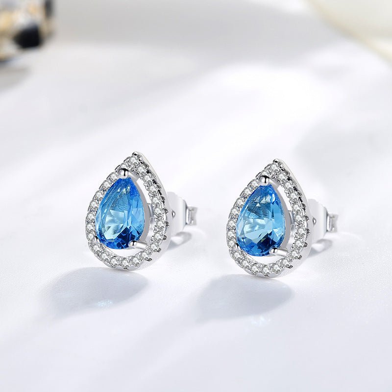 Sterling Silver Earpin Imitation Water Drop Color Diamond Group Set Earrings-Jewearrings