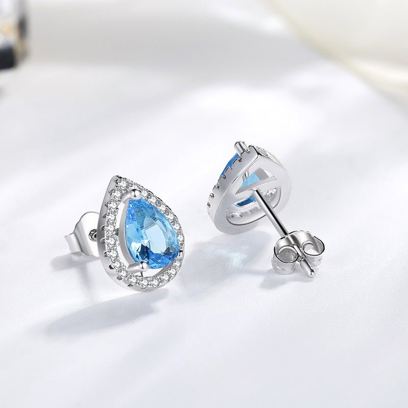 Sterling Silver Earpin Imitation Water Drop Color Diamond Group Set Earrings-Jewearrings