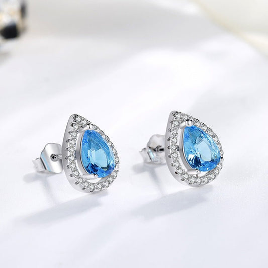 Sterling Silver Earpin Imitation Water Drop Color Diamond Group Set Earrings-Jewearrings