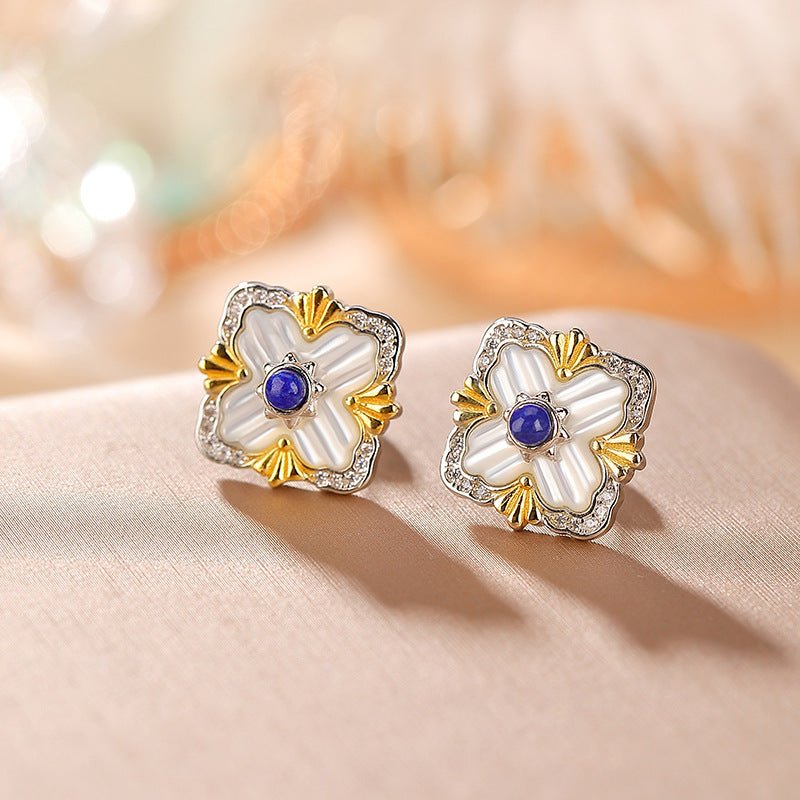 Sterling Silver Gold-plated Lapis White Shell Stud Earrings-Jewearrings