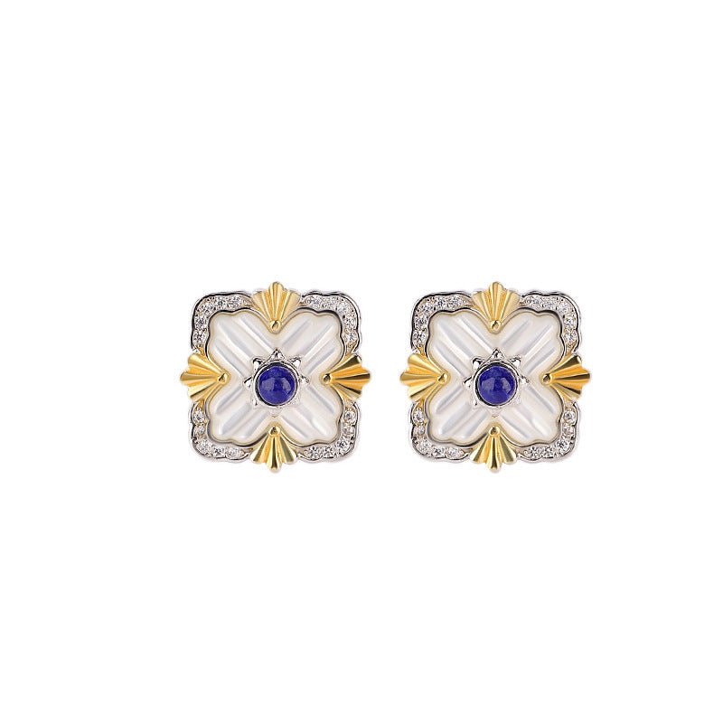 Sterling Silver Gold-plated Lapis White Shell Stud Earrings-Jewearrings