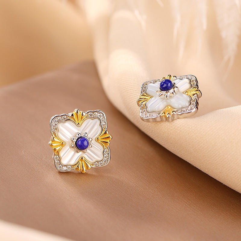 Sterling Silver Gold-plated Lapis White Shell Stud Earrings-Jewearrings