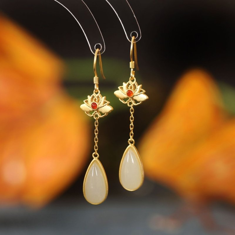 Sterling Silver Hetian Jade Inlaid Water Drop Ear Hook Ancient Gold Long Red Agate Embellished Earrings-Jewearrings