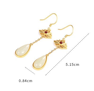 Sterling Silver Hetian Jade Inlaid Water Drop Ear Hook Ancient Gold Long Red Agate Embellished Earrings-Jewearrings