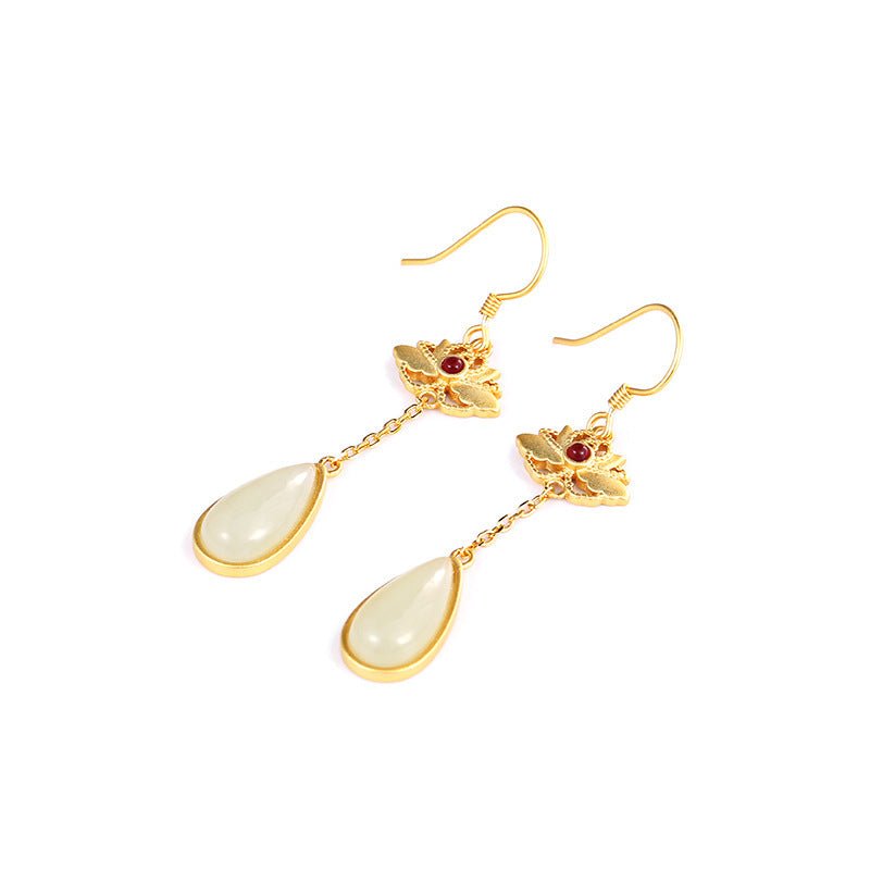 Sterling Silver Hetian Jade Inlaid Water Drop Ear Hook Ancient Gold Long Red Agate Embellished Earrings-Jewearrings