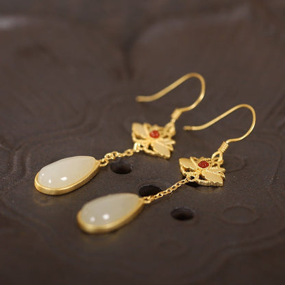 Sterling Silver Hetian Jade Inlaid Water Drop Ear Hook Ancient Gold Long Red Agate Embellished Earrings-Jewearrings