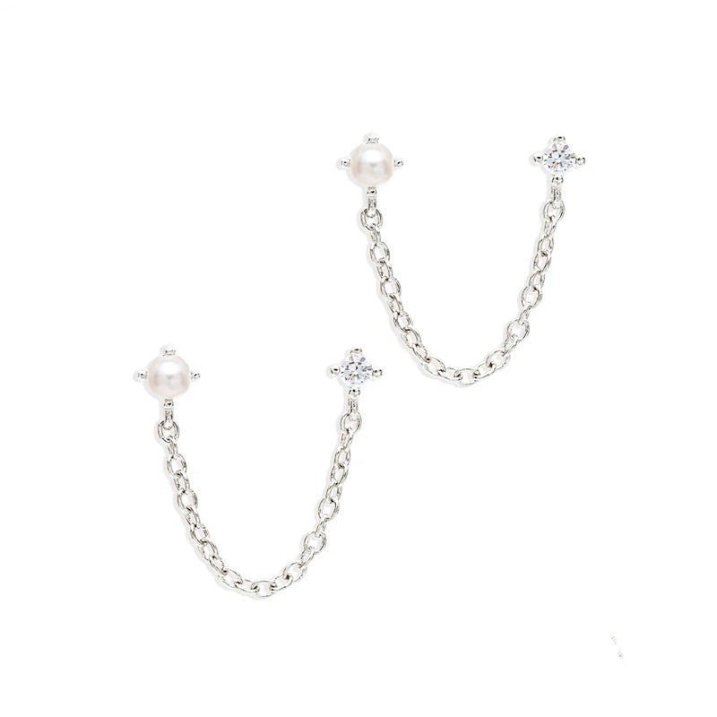 Sterling Silver Ins Tassel Chain Single Diamond Pearl Earrings-Jewearrings