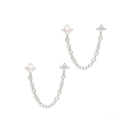 Sterling Silver Ins Tassel Chain Single Diamond Pearl Earrings-Jewearrings