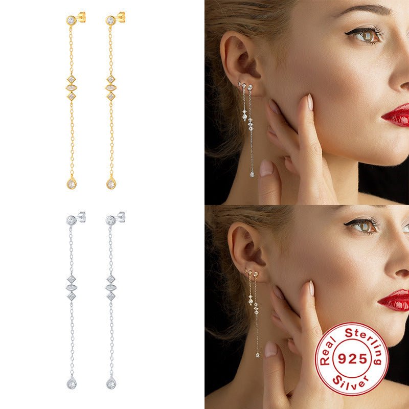 Sterling Silver Line Tassel Long Face Shape Drop Earrings-Jewearrings