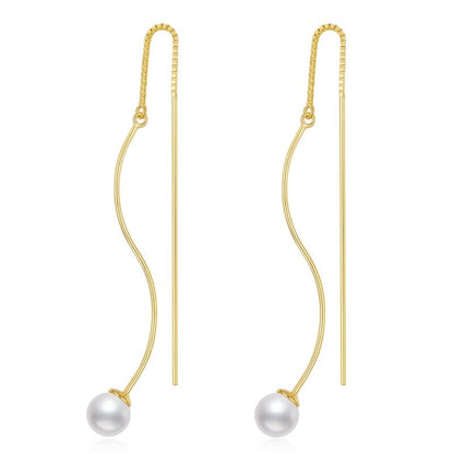 Sterling Silver Long Pearl Dangle Threader Earrings for Women-Jewearrings