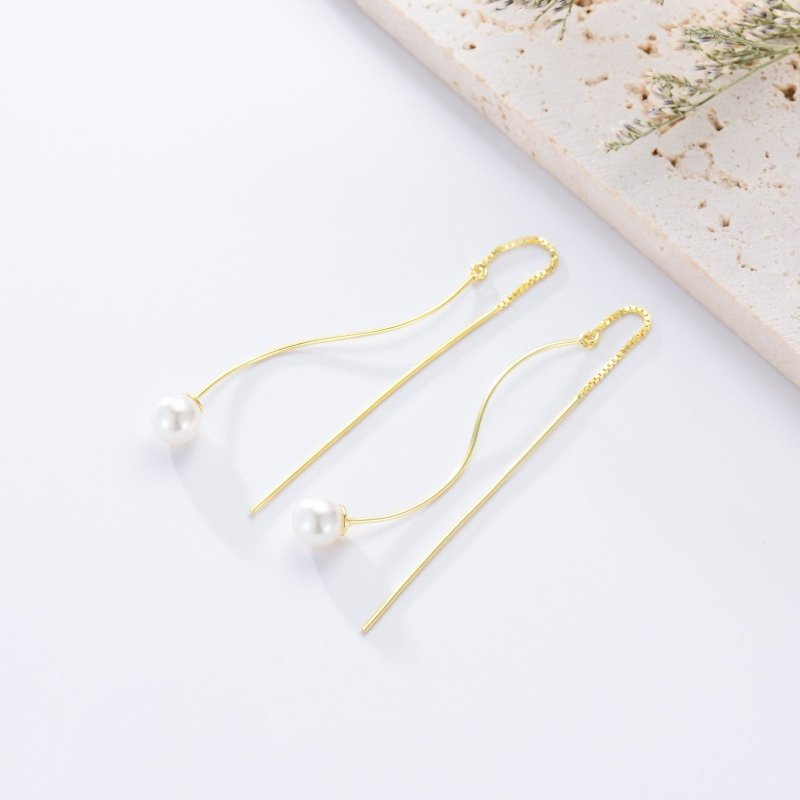 Sterling Silver Long Pearl Dangle Threader Earrings for Women-Jewearrings