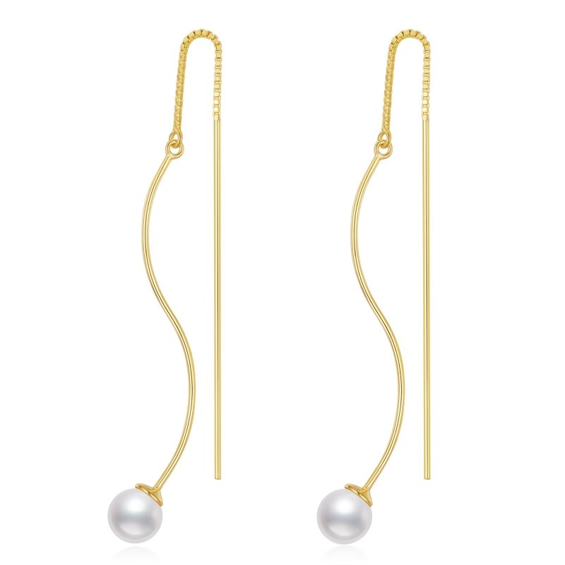 Sterling Silver Long Pearl Dangle Threader Earrings for Women-Jewearrings