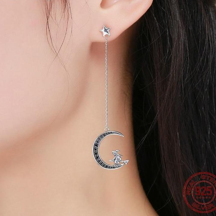 Sterling Silver Magic Witch World Long Ear Line Wild Big Earrings-Jewearrings