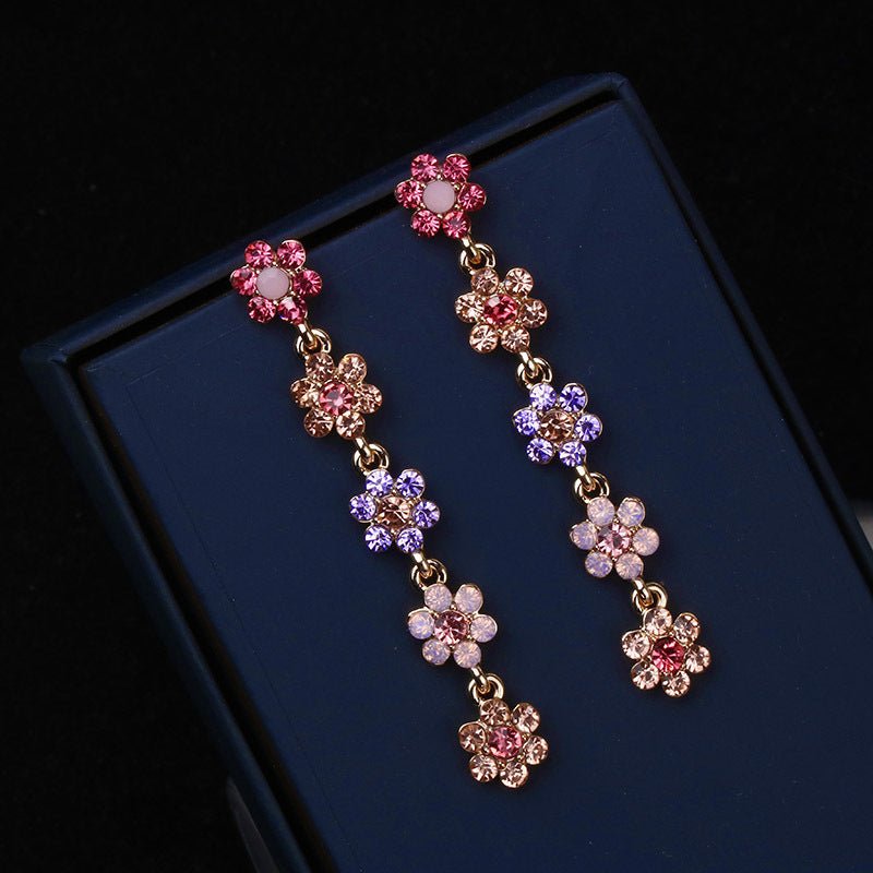 Sterling Silver Needle Colorful Rhinestone Flower Long Temperamental Personalized And All-match Exaggerated Advanced Design Sense Earrings-Jewearrings