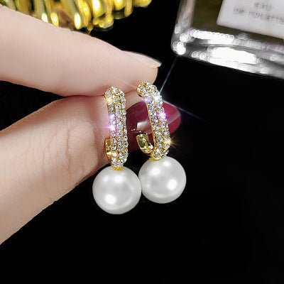 Sterling Silver Needle Diamond C- Shaped Pearl Earrings For Women Japanese And Korean Style Graceful Online Influencer Ear Rings Simple Cold Style Earrings-Jewearrings