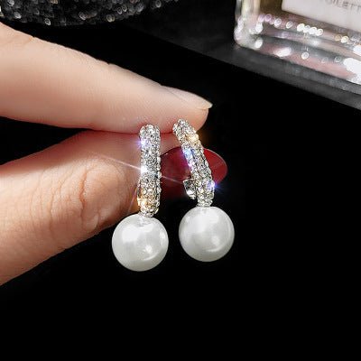 Sterling Silver Needle Diamond C- Shaped Pearl Earrings For Women Japanese And Korean Style Graceful Online Influencer Ear Rings Simple Cold Style Earrings-Jewearrings