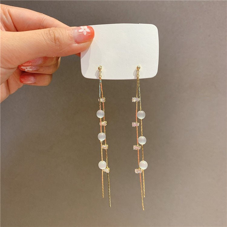 Sterling Silver Needle Long Fringe Earrings Female Cat's Eye-Jewearrings