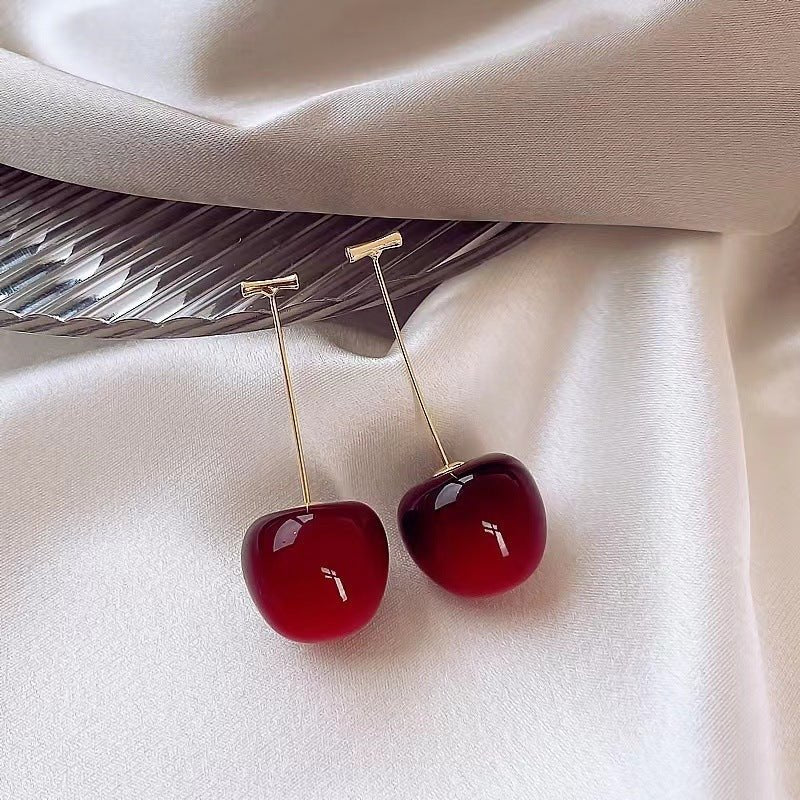 Sterling Silver Needle Long Red Cherry Earrings-Jewearrings