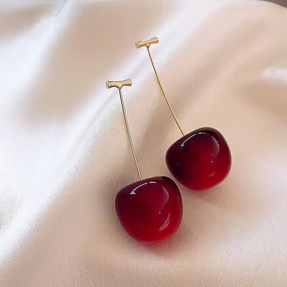 Sterling Silver Needle Long Red Cherry Earrings-Jewearrings