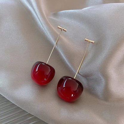 Sterling Silver Needle Long Red Cherry Earrings-Jewearrings